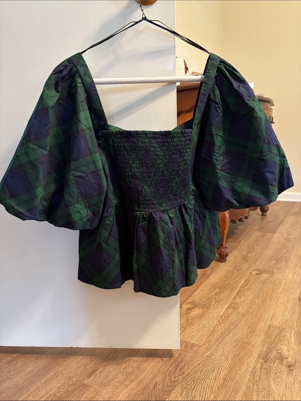 Plaid Peplum Puff Sleeve Top - Green/Navy